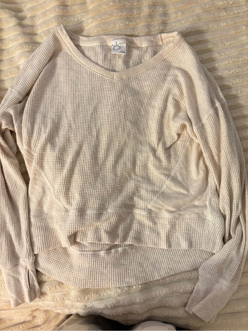Aerie Cozy V-Neck Thermal Pullover Sweater - Cream